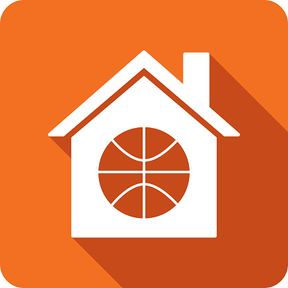 Vector illustration of a house with basketball icon against an orange background in flat style.
