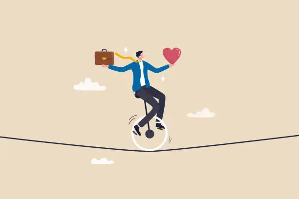 Vector illustration of Work life balance, working lifestyle compromise with family or personal health, choice or balance between work stress and relaxation concept, businessman balance himself with heart and briefcase.