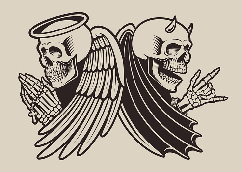 Vector vintage biker illustration skull angel and devil with wings on a light background