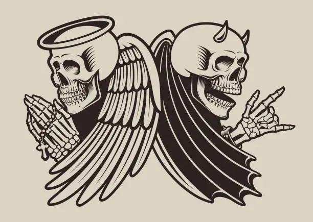 Vector illustration of Vector vintage biker illustration skull angel and devil with wings