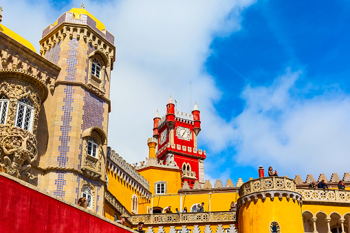 Sintra, Portugal - March 28, 2018: Famous portuguese landmark, Pena Palace or Palacio da Pena and people