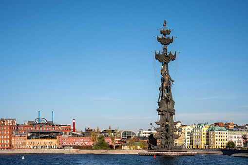 Moscow, Russia - October 16, 2022: Monument to Peter the Great by Zurab Tsereteli at the embankment of Moscow river
