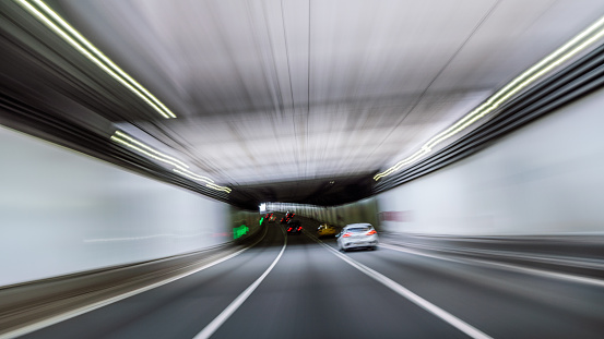 Riding in the urban tunnel on high speed, personal perspective, first person view