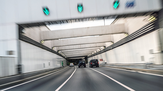 Riding in the urban tunnel on high speed, personal perspective, first person view