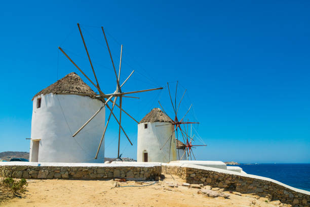 Old windmills, Mykonos town (Chora), Mykonos island, Cyclades.