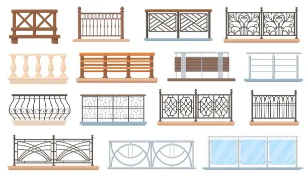 Vector illustration of Balcony railing. Wooden and stainless railings house fencing architecture, decorative handrail terrace glass balustrade metal banister of vintage exterior, neat vector illustration