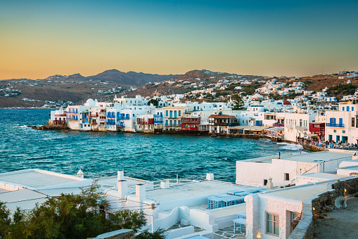 Architecture at Mykonos town (Chora), Mykonos island, Cyclades, Greece at sunset.