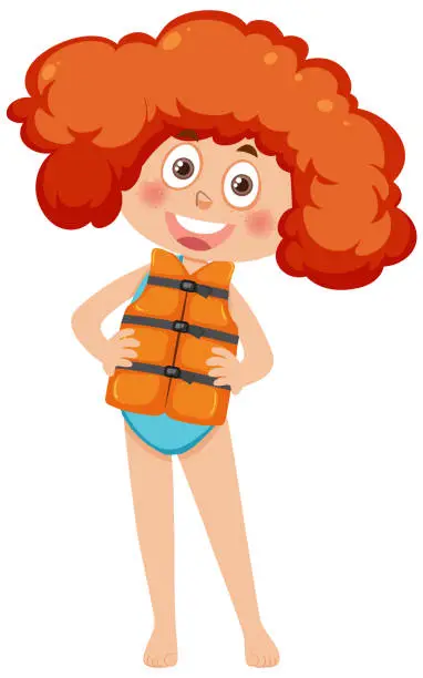 Vector illustration of Little girl wearing life jacket