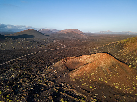 Aerial panorama of volcanic valley near Timanfaya National Park, Lanzarote.