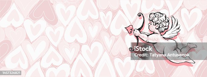 istock Cupid with an arrow on a pink background with white hearts, modern background with copy space. Gentle wedding invitation, love, romance, mythology. Valentine s day vector illustration. 1457326821