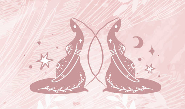 zwei mystische schwangere frauen auf einem modernen rosa hintergrund, sakralschwangerschaft, eine frau, die auf die geburt eines babys wartet. vektorbanner, landingpage für doula. - wirbelkanal stock-grafiken, -clipart, -cartoons und -symbole