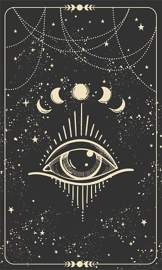 All-seeing eye on a black mystical celestial background with stars, vintage pattern for numerology, astrology, divination, stories template. Modern esoteric vector card