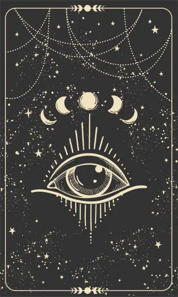 Vector illustration of All-seeing eye on a black mystical celestial background with stars, vintage pattern for numerology, astrology, divination, stories template. Modern esoteric vector card.