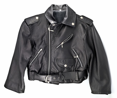 Studded black leather jacket on white background