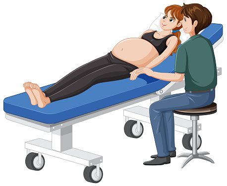 Pregnant woman lying on hospital bed and husband