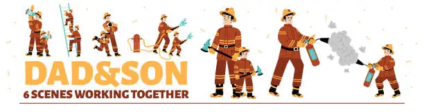 Vector illustration of Dad and son fire fighters working together set