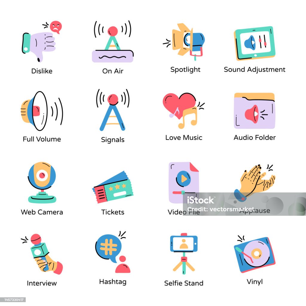 Collection Of Media Hand Drawn Icons Stock Illustration - Download