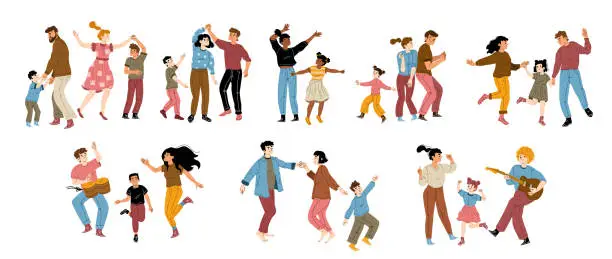 Vector illustration of Family dance, rejoice, fun, home party concept