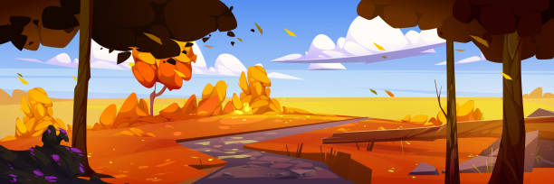 ilustrações de stock, clip art, desenhos animados e ícones de yellow autumn landscape, cartoon vector - poland rural scene scenics pasture