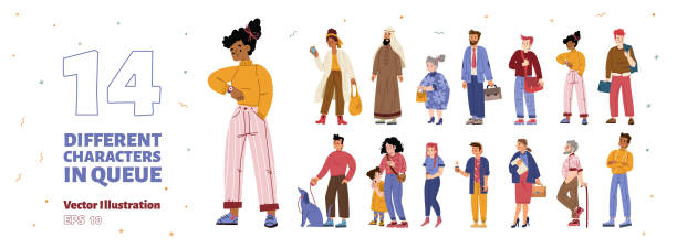 Different people standing in queue set Different people standing in queue set. Diverse characters, students, arab man, elder persons, mother with girl, businessman and guy with dog waiting in line, vector hand drawn illustration keffiyeh stock illustrations