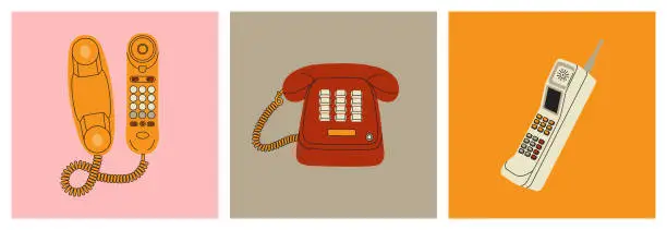 Vector illustration of Three retro phones 80s. Push - button devices and vintage mobile phone with antenna.