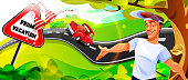 istock Summer vacation concept in cartoon style. A young guy will meet a car with luggage from vacation against the backdrop of a summer landscape. 1457334638