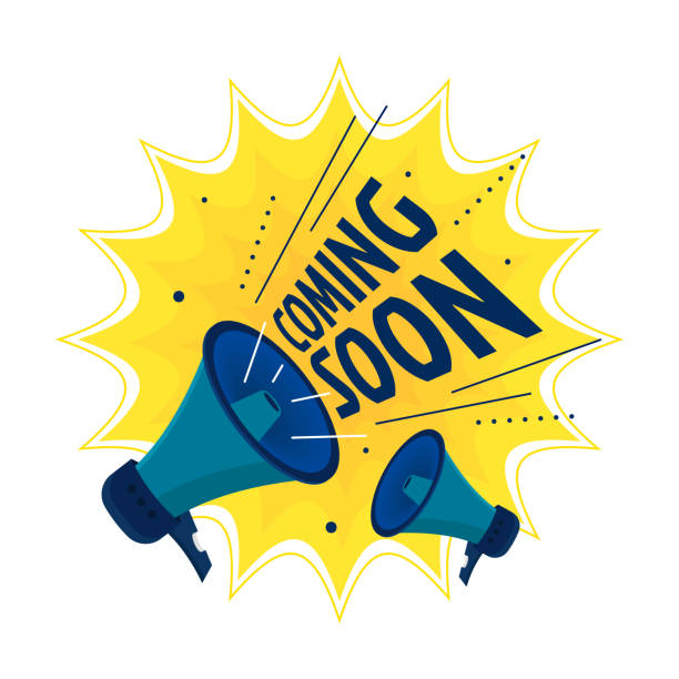 ilustrações de stock, clip art, desenhos animados e ícones de coming soon - bright colored advertising sign with megaphone - announcement message flash