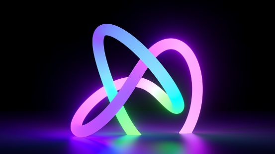 3d render. Abstract colorful neon background with tangled ribbon glowing in the dark