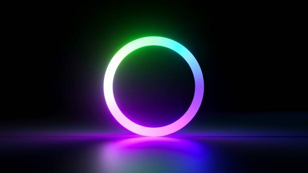 istock 3d render, abstract minimalist background with simple geometric round shape. Colorful neon ring glowing in the dark, pink violet green gradient 1457335367