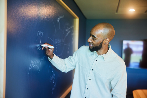 Smiling businessman giving a marketing strategies presentation on a blackboard for unseen coworkers in an office board room