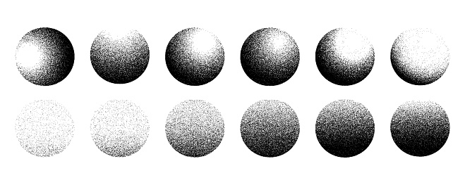Dotwork noise gradient circles. Sand grain effect. Black noise stipple dots patterns. Abstract grunge dotwork gradients. Black grain dots elements. Halftone circles. Dotted vector set.