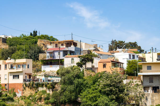 Thessaloniki, Greece - March 20, 2025. Street view. Upper Town of Thessaloniki or Ano Poli, Old town of Thessaloniki, around the city's acropolis. The way to Eptapyrgio Fortress Yedikule.