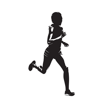 Run, woman running, isolated vector silhouette, ink drawing, side view