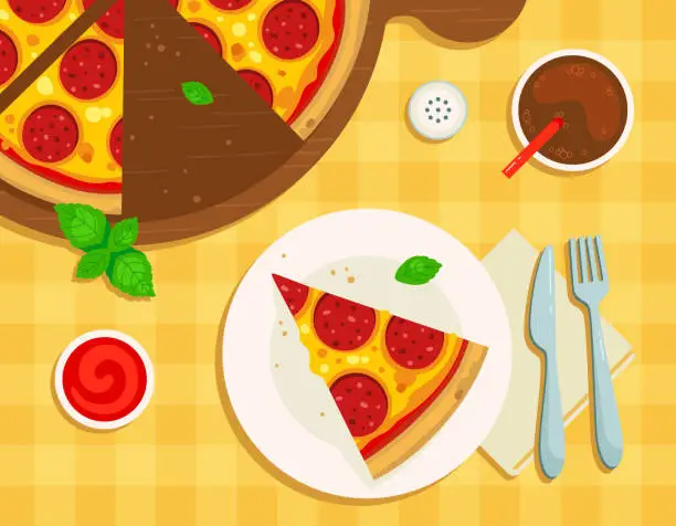 Vector illustration of Vector illustration of a served table in a pizzeria. Top view. Sliced piece of pizza on a plate, Pepperoni pizza on a wooden board, drink, sauce, pepper, napkin, knife, fork. Isolated objects.