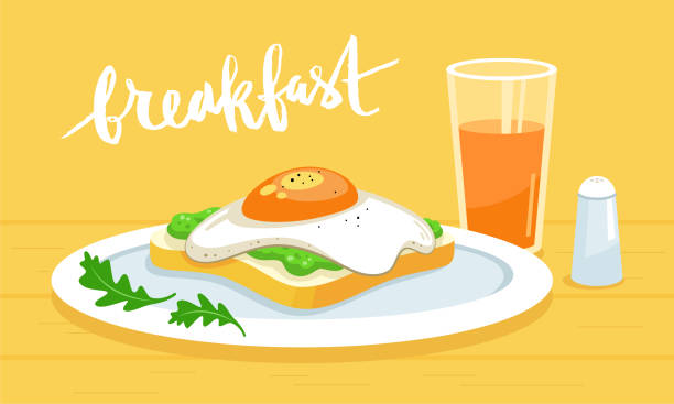 Favorite breakfast. Sandwich, toast with avocado and fried egg on a plate, greens, a glass of orange juice. Side view. Hand drawn lettering Breakfast. Detailed light vector illustration. Favorite breakfast. Sandwich, toast with avocado and fried egg on a plate, greens, a glass of orange juice. Side view. Hand drawn lettering Breakfast. Detailed light vector illustration. Advertising banner for cafe, restaurant, menu. Soft colors, perfect start to the day. Isolated objects. restaurant table side view stock illustrations