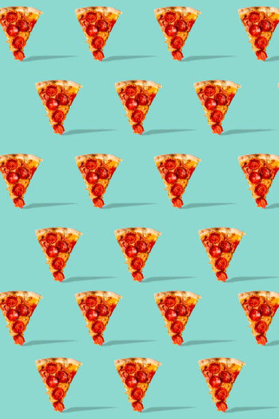 istock Pattern with a piece of pepperoni pizza on a blue background. Pizza slice poster. 1457341785