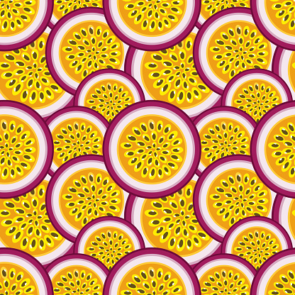 Scalable vectorial representing a seamless pattern background of passion fruit slices, element for cute design.