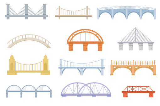 Bridge of construction vector cartoon set icon. Color graphic design. Set of Bridges, Urban Crossover Architecture and Construction for Transportation with Carriageway