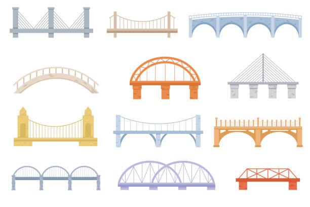 Set of Bridges Bridge of construction vector cartoon set icon. Color graphic design. Set of Bridges, Urban Crossover Architecture and Construction for Transportation with Carriageway bridge stock illustrations