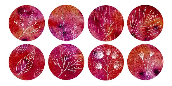 Collection of red colorful circles with botanical pattern. Set of abstract watercolor circles design with space for text and your design. Round highlight backgrounds for social media stories, story highlights covers icons. Hand drawn texturized circles isolated on white background. Ideal for postcards, greetings, websites, highlights. Bundle of templates for networks, social media, bloggers.