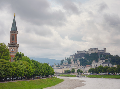 Salzburg Austria inner city with churches. Beautiful view of Salzburg skyline with Evangelical Parish Salzburg Christ Church