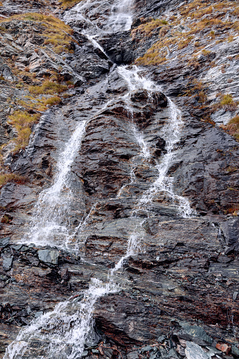 Small mountain waterfall flows over granite ledges of alpine rocks covered with yellowed autumn mosses and lichens, vertical shot, Aosta Valley, Italy