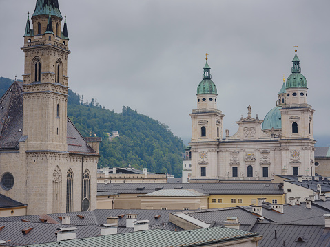 Salzburg Austria inner city with churches. Beautiful view of Salzburg Cathedral . Cathedral of Saints Rupert and Virgil is cathedral church of the Archdiocese of Roman Catholic Church.