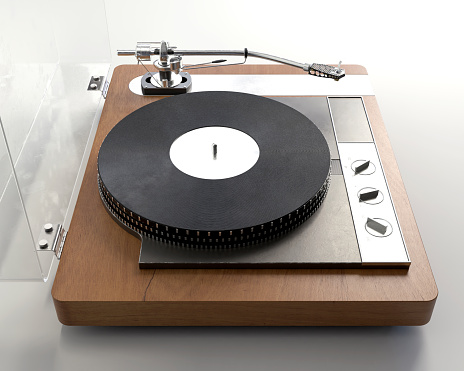 A 3D render of a turntable record player with a tone arm on a white studio background - 3D render
