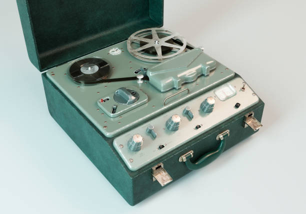 Vintage cassette tape player with the tape deck opened circa 1980s - isolated.