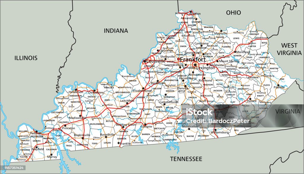ラベル付きの非常に詳細なケンタッキー州のロードマップ ケンタッキー州のベクターアート素材や画像を多数ご用意 ケンタッキー州, 地図