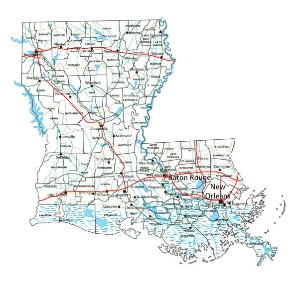Vector illustration of Louisiana road and highway map. Vector illustration.