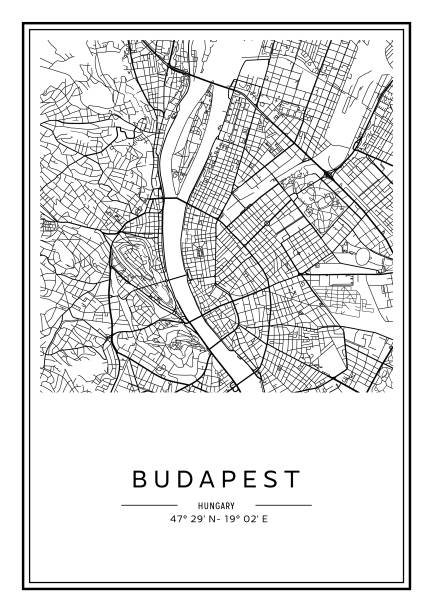 schwarz-weiß-druckbarer stadtplan von budapest, posterdesign, vektorillistration. - danube river illustrations stock-grafiken, -clipart, -cartoons und -symbole