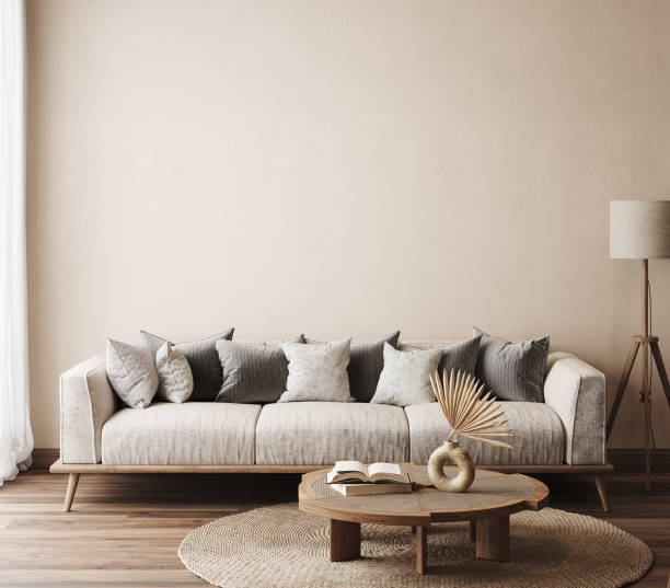 istock Wall mockup in Scandi-Boho living room interior background 1457355488