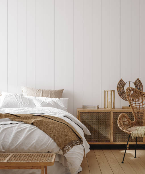 istock Home mockup, Coastal boho style bedroom interior background 1457355559